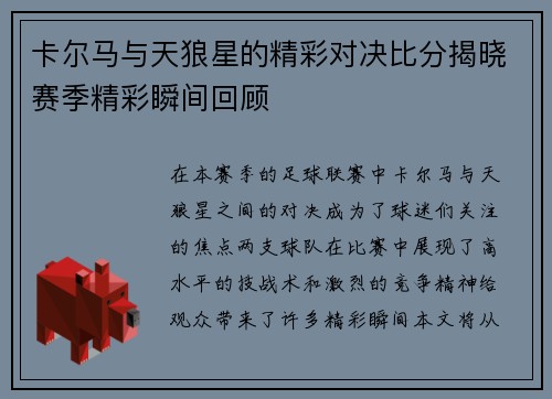 卡尔马与天狼星的精彩对决比分揭晓赛季精彩瞬间回顾