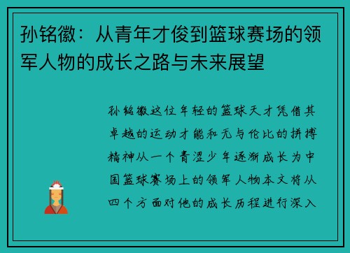 孙铭徽：从青年才俊到篮球赛场的领军人物的成长之路与未来展望
