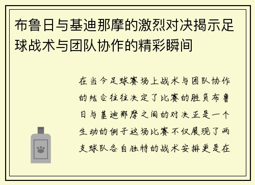 布鲁日与基迪那摩的激烈对决揭示足球战术与团队协作的精彩瞬间